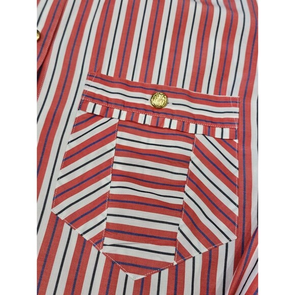 Vintage 90s Escada Sport Shirt Womens M Striped Gold Logo Buttons Pockets Blouse - Picture 13 of 13